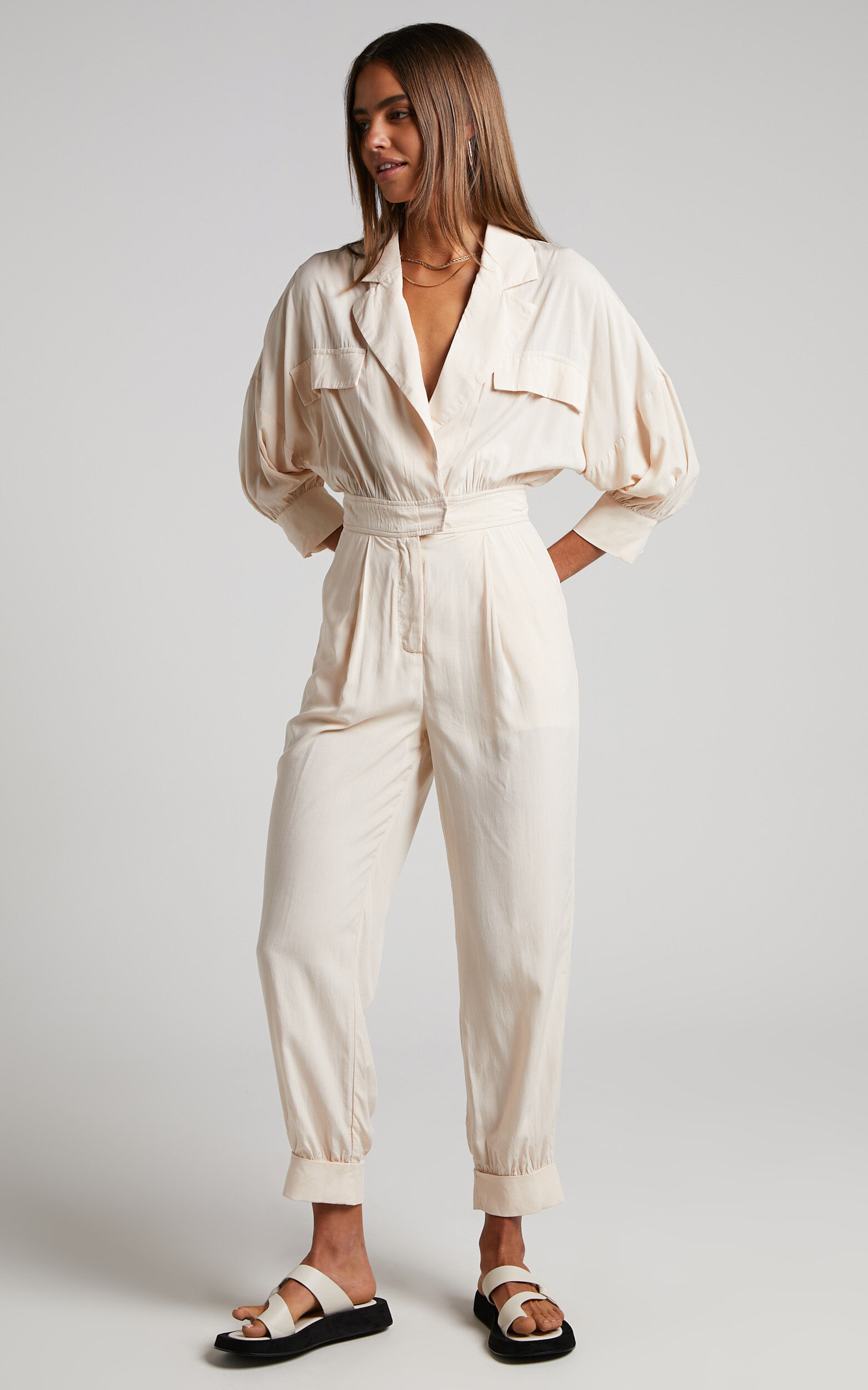 Ayelin Jumpsuit Linen Look Relaxed 3 4 Sleeve Jumpsuit in Cream Showpo NZ
