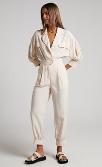 Ayelin Jumpsuit - Linen Look Relaxed 3/4 Sleeve Jumpsuit in Cream