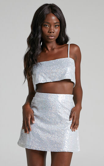 Elswyth Mini Skirt - Side Split Sequin Skirt in Silver