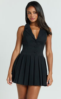 Hannah Mini Dress - Tailored Button Down Pleated Mini Dress in Black