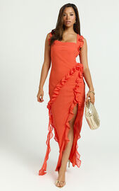Palmer Maxi Dress - Ruffle Strap High Split Dress in Orange | Showpo USA
