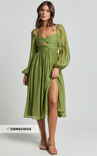 Zahara Midi Dress - Blouson Sleeve Cut Out Dress in Green