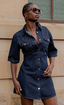 Leilani Mini Dress - Denim Short Sleeve Button Up Dress with Gold Hardware in Indigo Denim