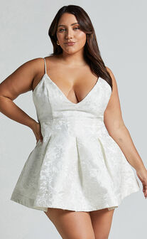 Gemima Mini Dress - Strappy Plunge Neck Fit and Flare Dress in White