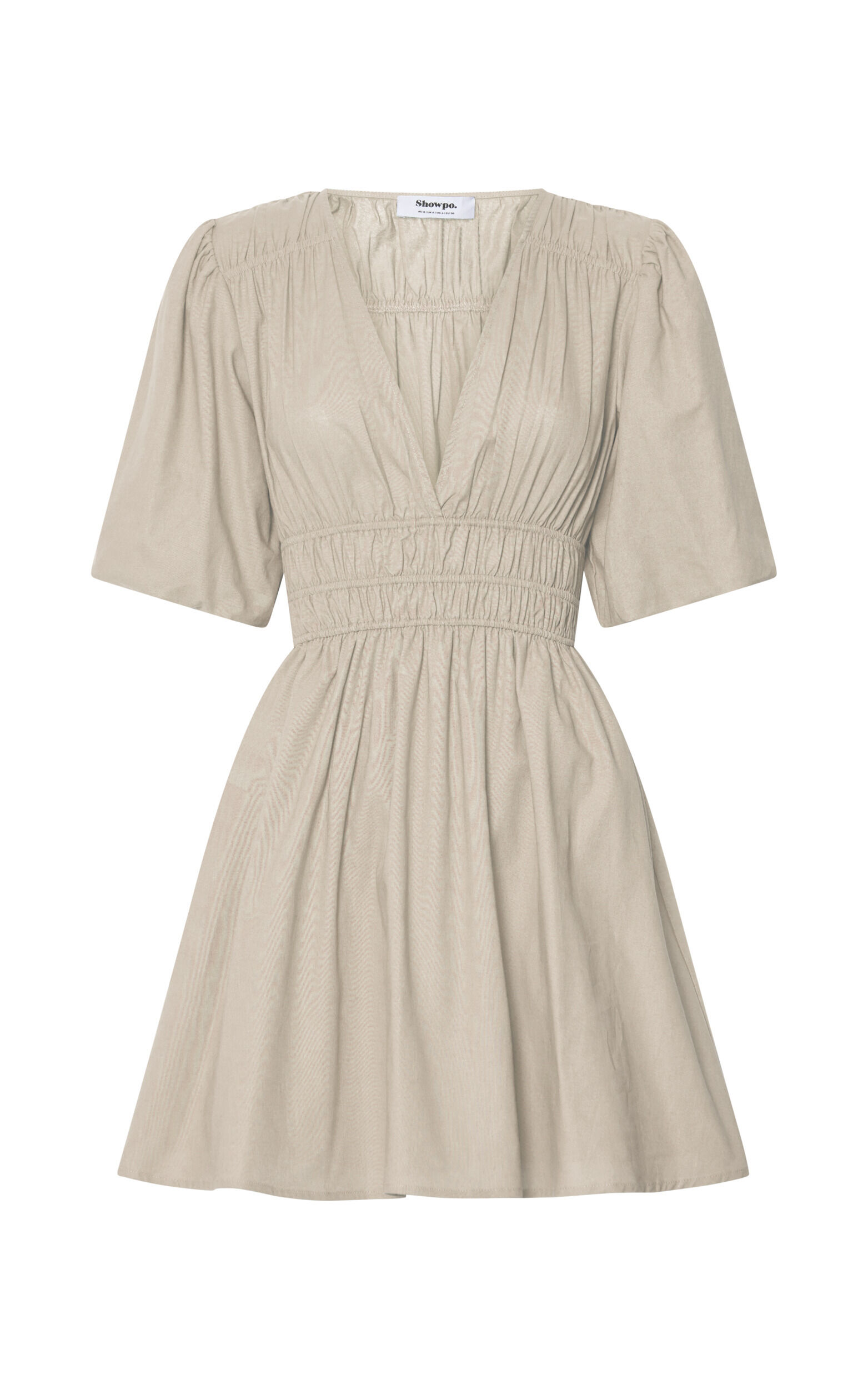 Francesca V Neck Puff Sleeves Mini Dress in Natural | Showpo USA