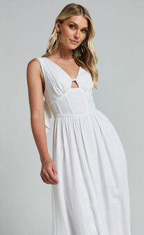 Amalie The Label - Chamika Linen Blend Bustier Double Tie Back Midi Dress in White