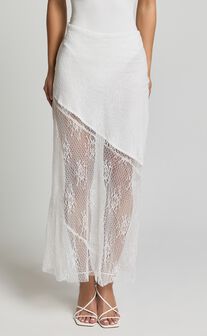 Carina Midi Skirt - Mid Waist Lace Asymmetrical Skirt in Ivory