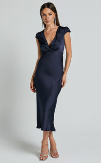 Marleen Midi Dress - Wrap Front Cap Sleeve Satin Bias Cut Dress in Midnight Blue