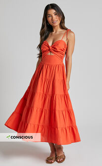 Leticia Midi Dress - Twist Front Tie Strap Tiered Dress in Orange