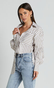Jaycey Shirt - Long Sleeve Pocket Detail Shirt in Beige Stripe