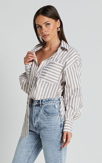 Jaycey Shirt Long Sleeve Pocket Detail in Beige Stripe Showpo