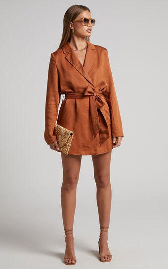 Amalie The Label - Lotte Linen Blend Tie Waist Wrap Blazer Dress in Toffee
