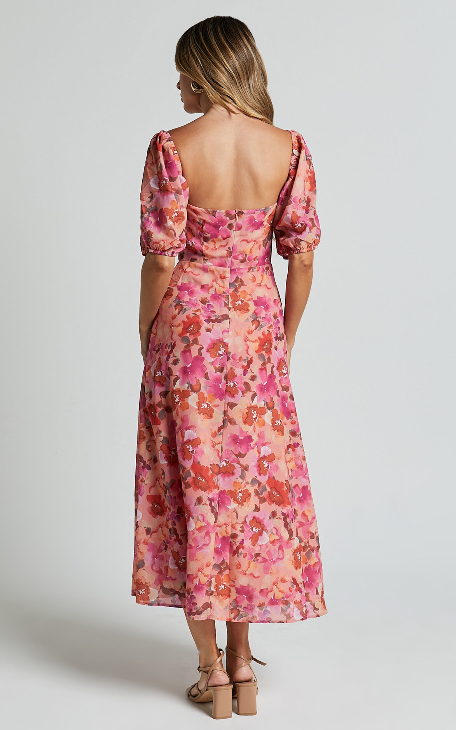 Austen Midi Dress - Short Puff Sleeve Thigh Split Dress in