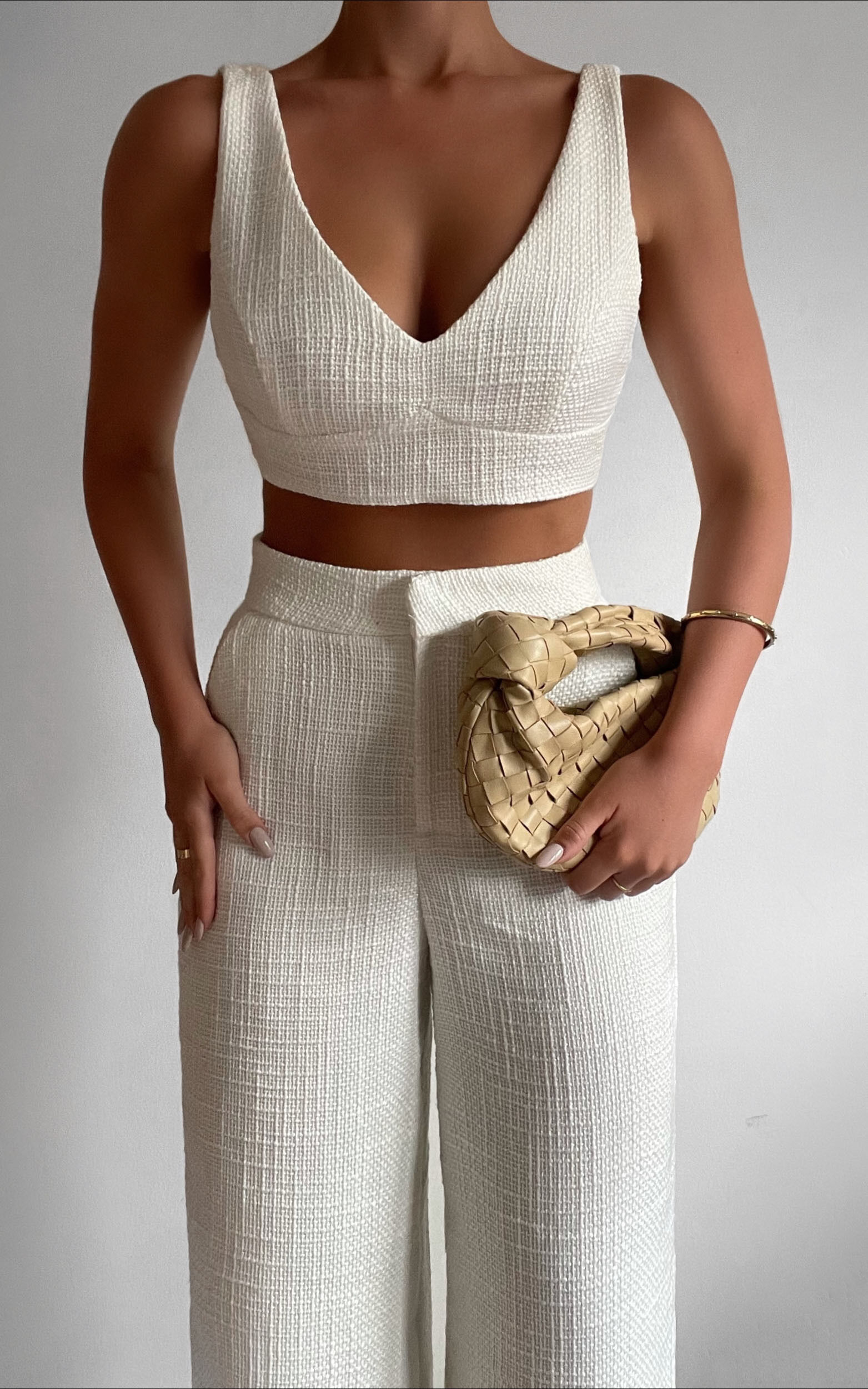 Adelaide Two Piece Set - Crop Top and Wide Leg Pants Set in White - 06, WHT4