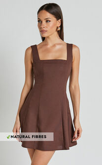 Adiana Mini Dress - Linen Look Square Neck Shirred Back A Line Dress in Chocolate