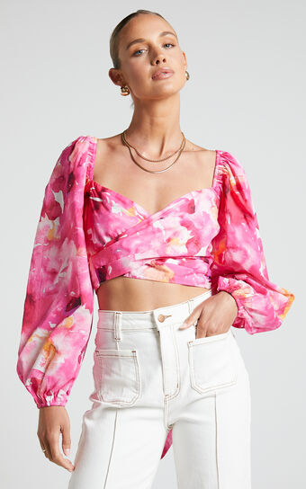 Shairah Top - Long Sleeve Tie Back Wrap Crop Top in Sunset Rainbows