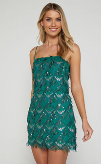 Shook Mini Dress - Cami Sequin Fringe Dress in Emerald Sequin