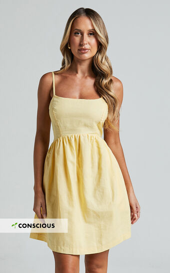 Maira Mini Dress - Linen Strappy Square Neck Waist Shirred Back Dress in Lemon
