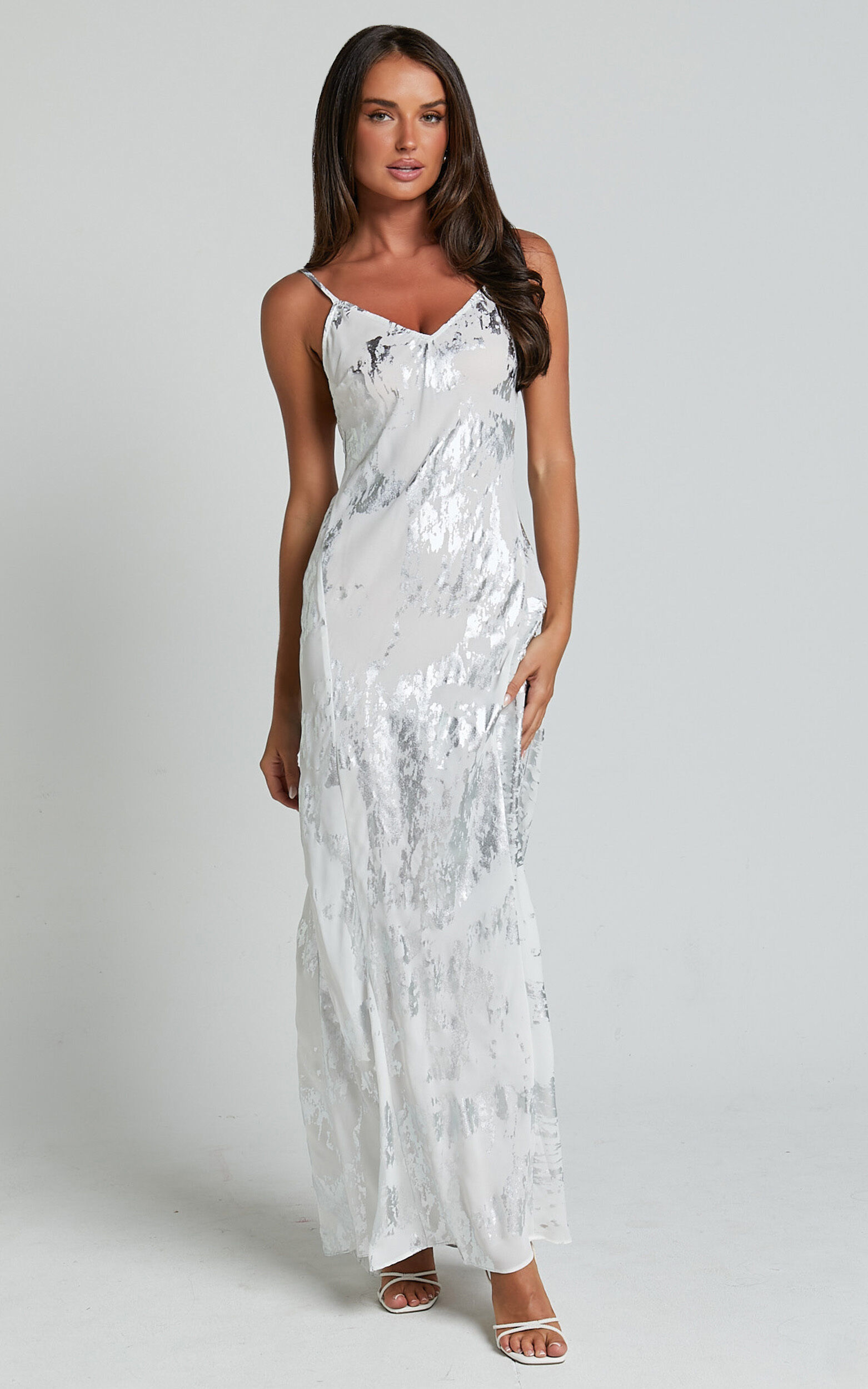 Robynne Maxi Dress Strappy V Neck Slip Dress in White and Silver Showpo