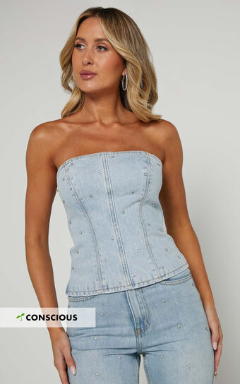 Karter Top - Rhinestone Denim Strapless Top in Light Blue Wash