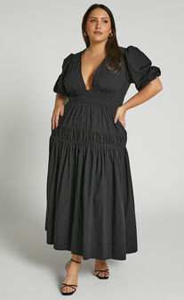 Mellie Midi Dress - Puff Sleeve Plunge Tiered Dress in Black