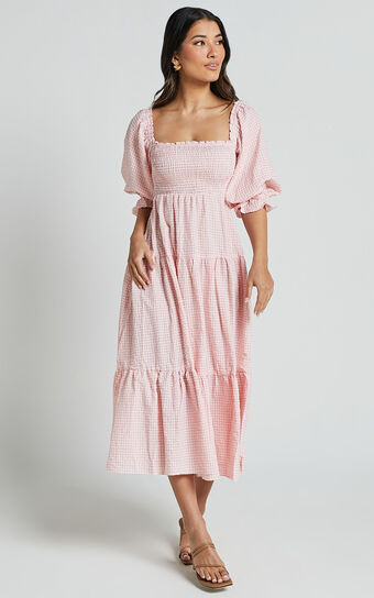 Darlene Midi Dress Square Neck Long Sleeve Tiered in Rose Gingham Check