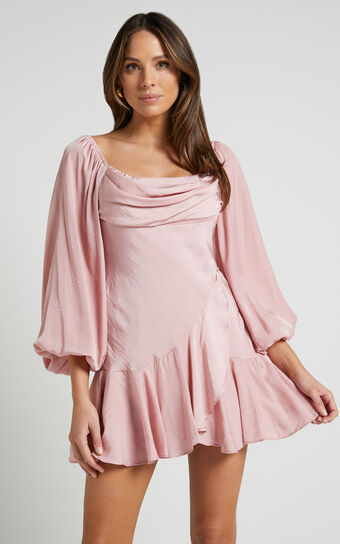 Kendalle mini dress- cowl neck satin wrap dress mini in Blush