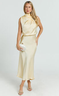 Minnie Midi Dress - Drape Neck Satin Slip Dress in Butter Yellow