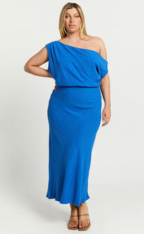 Jacqueline Midi Dress - Linen Look One Shoulder Dress in Cobalt