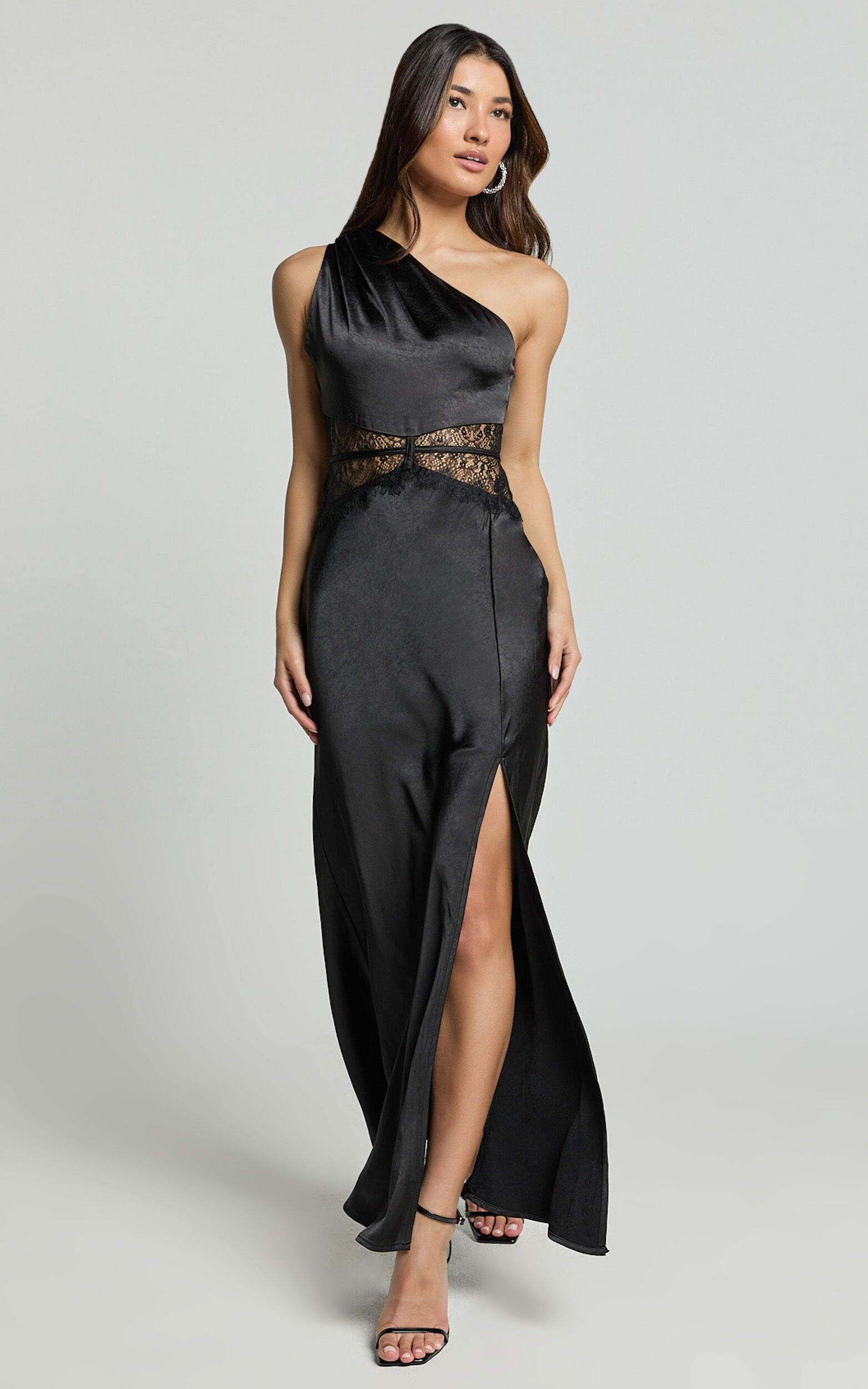 Estella Midi Dress - Asymmetrical Lace Detail Waist Slip Dress in Black ...