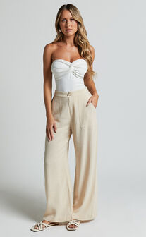 Lian Pants - Linen Look High Waisted Pocket Detail Pants in Cream