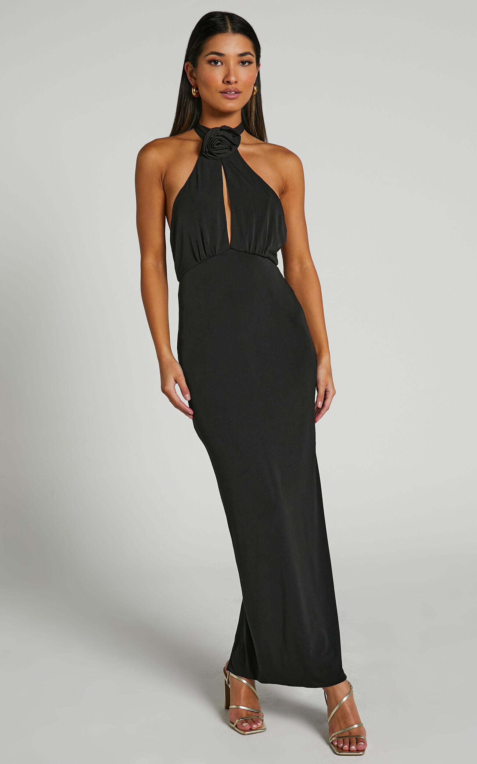 Claret Midi Dress- rosette halter Midi dress in Black | Showpo