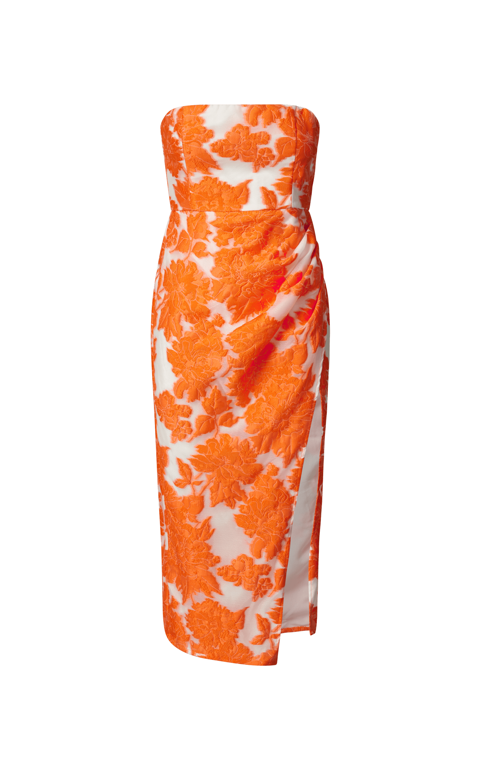 Brailey Midi Dress - Thigh Split Strapless Dress in Orange & White Jacquard  | Showpo USA