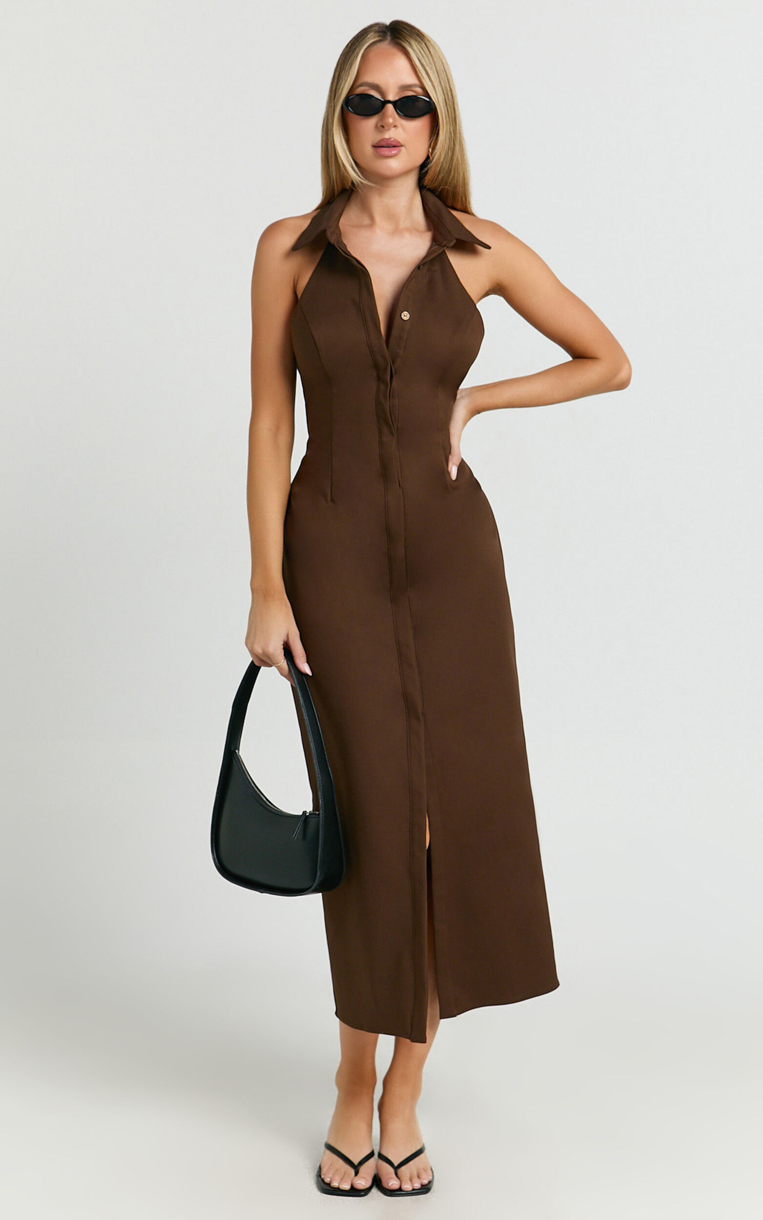 Lillibelle Midi Dress - Collared Button Down Bodycon Dress in Chocolate - 06, BRN1