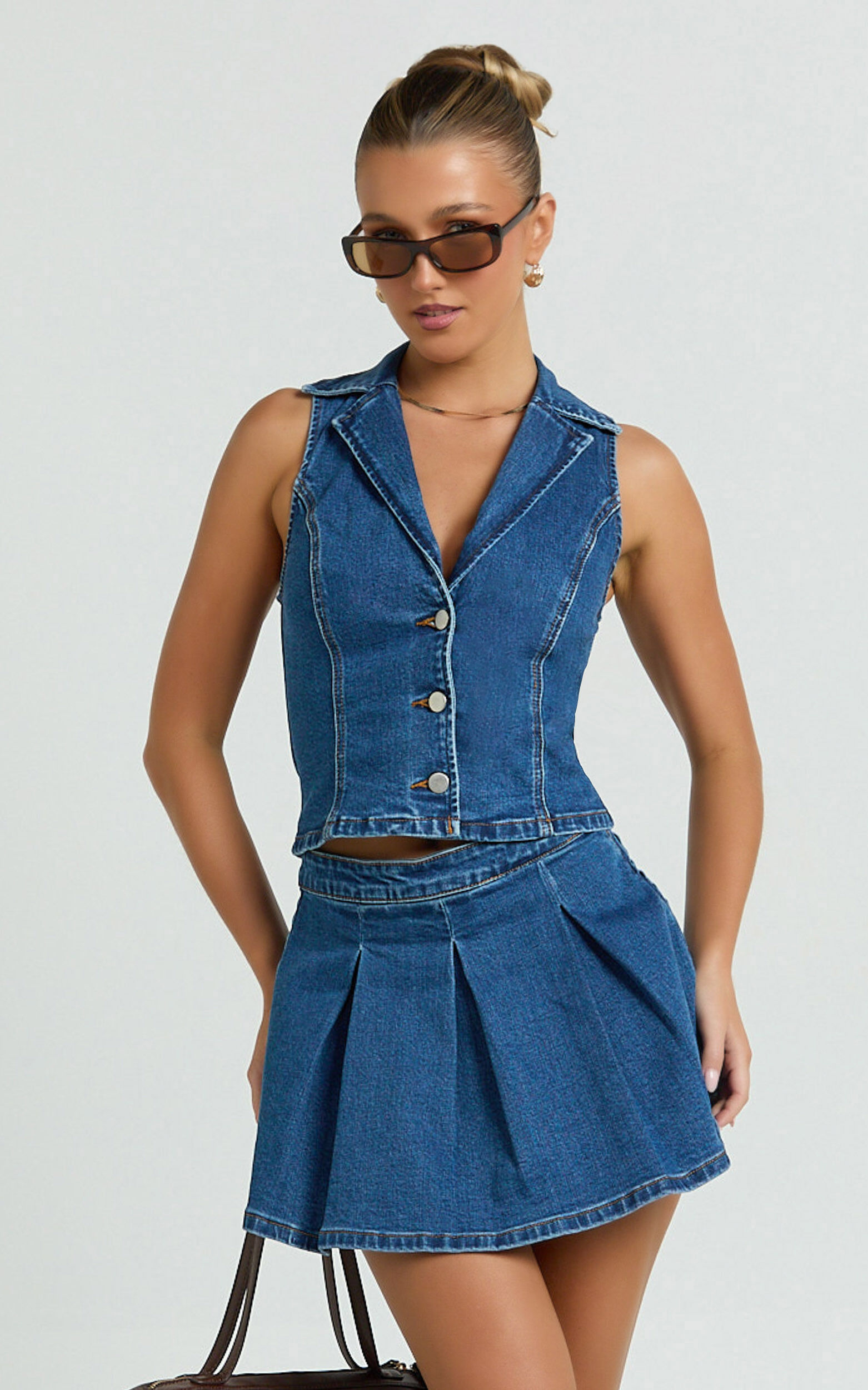 Nikita Mini Skirt - Mid Waisted Denim Box Pleat Skirt in