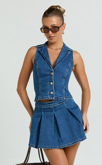 Nikita Mini Skirt - Mid Waisted Denim Box Pleat Skirt in Dark Blue Wash