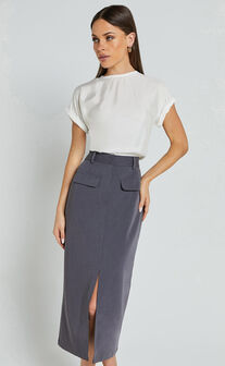 Brylee Midi Skirt - High Waisted Front Split Skirt in Charcoal