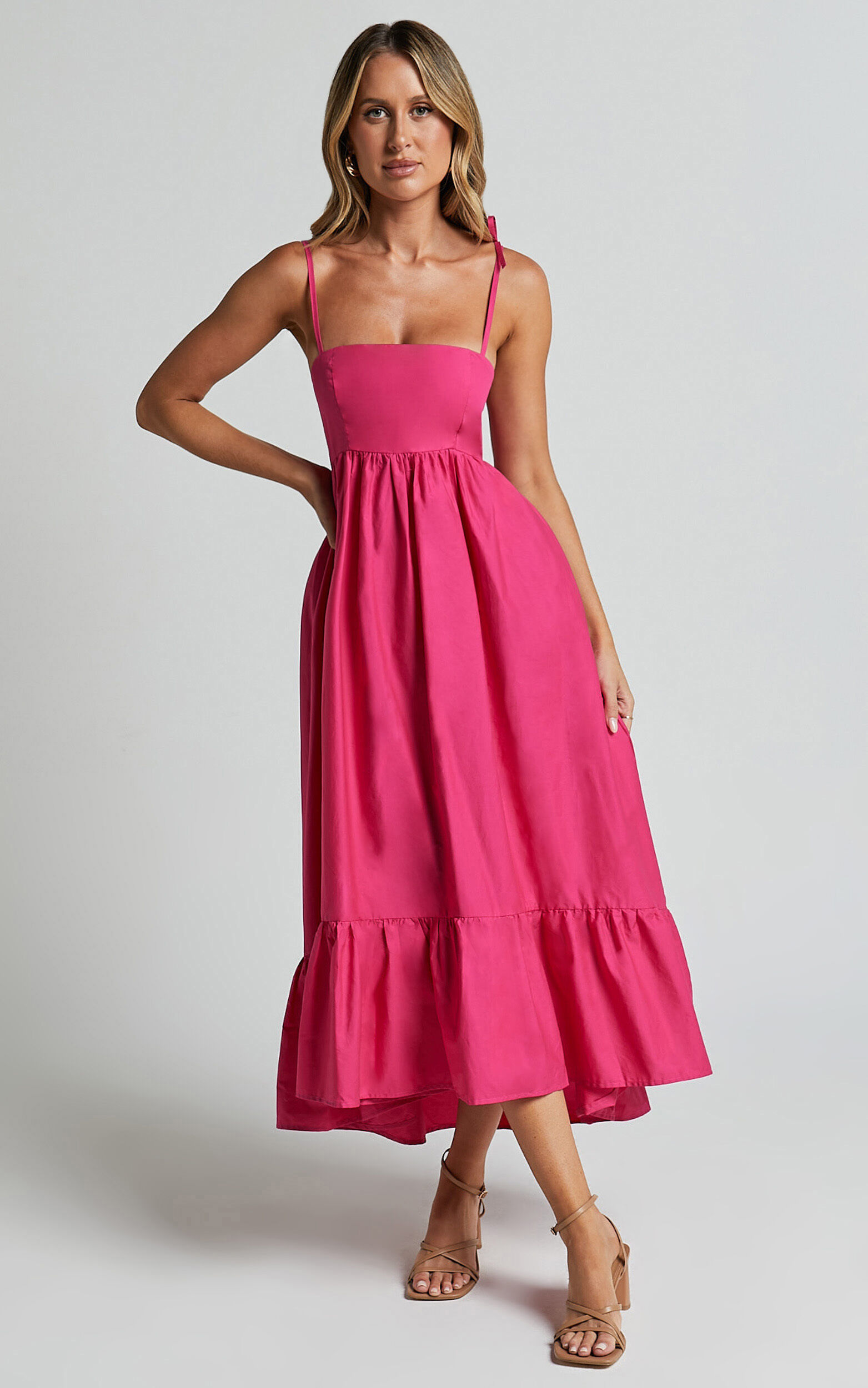 Aveiro Midi Dress - Straight Neck Shoulder Tie High Low Ruffle Hem in ...