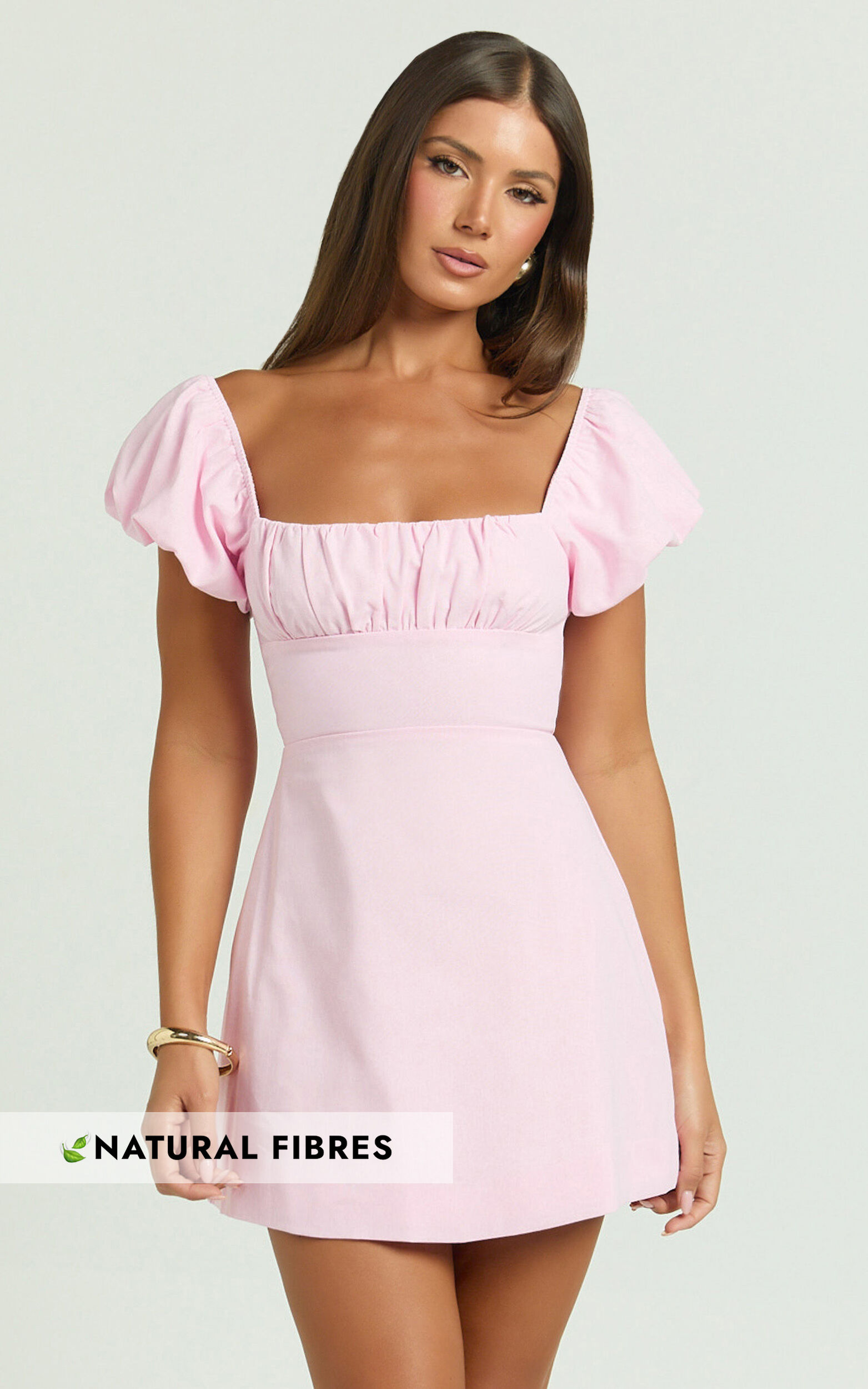 Ginny Mini Dress - Square Neck Ruched Bodice Puff Sleeve Straight Dress in Pink - 06, PNK1