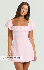 Ginny Mini Dress - Square Neck Ruched Bodice Puff Sleeve Straight Dress ...