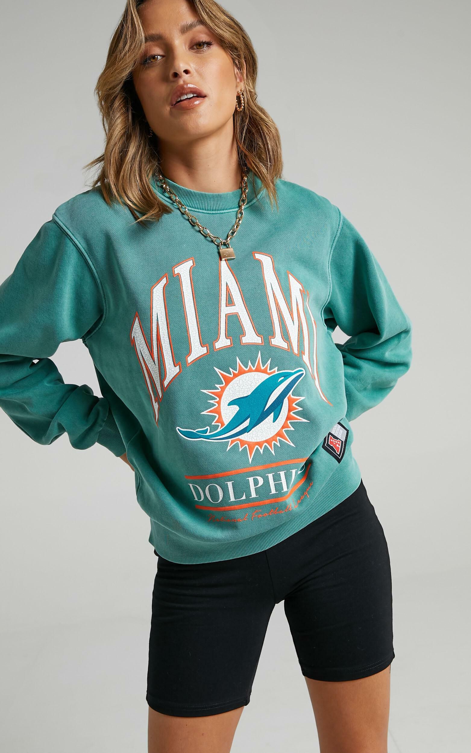 Majestic - WMS Vintage NFL Arch Crew Dolphin in Teal | Showpo USA