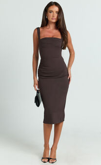 Tiffy Midi Dress - Square Neck Ruched Bodycon Dress in Chocolate