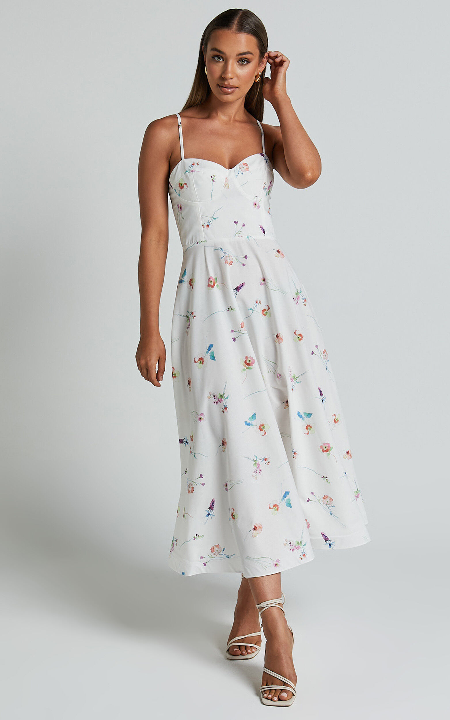 Robertson Midi Dress - Strappy Sweetheart Bustier Flare Dress in Painterly Wild Flower - 18, WHT2