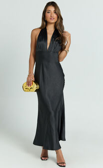 Aiyana Midi Dress - Halter Neck Satin Dress in Black