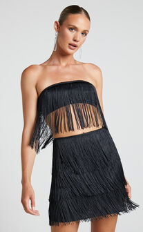 Siofra Two Piece Set - Fringe Crop Top and Mini Skirt Set in Black