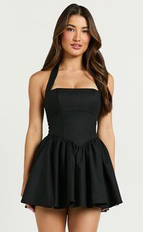 Helda Mini Dress - Halter Tie Neck Corset Panel Dress in Black