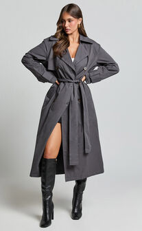 Avah Trench Coat - Double Breasted Tie Waist Coat in Charcoal
