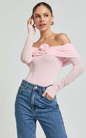 Seraphina Bodysuit - Off Shoulder Long Sleeve Detachable Rosette Mesh ...