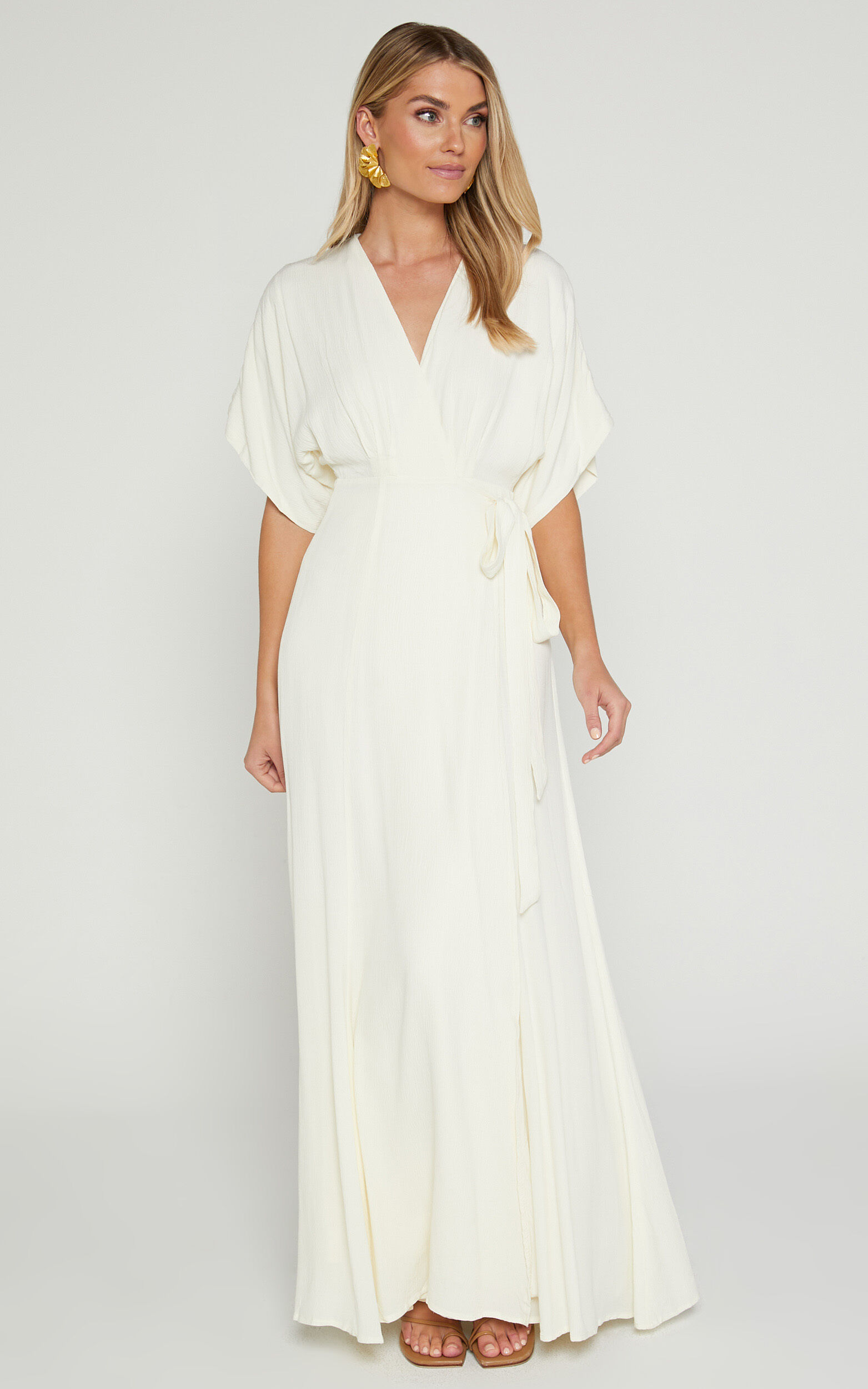 Andria Midi Dress - V Neck Wrap Dress in Cream - 04, CRE1