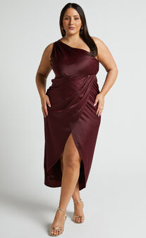 Felt So Happy Midi Dress - One Shoulder Drape Dress in Wine